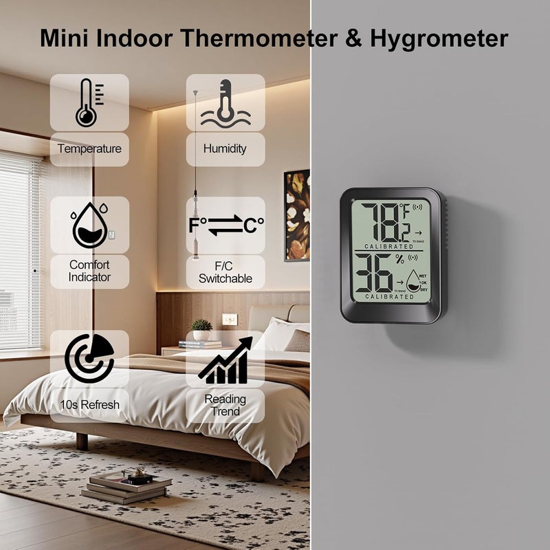 Antonki 4 Pack Mini Room Thermometer Hygrometer Indoor Temperaure and Humidity Monitor Gauge Meter for Home, Baby Room, Office, Incubator, Greenhouse, Reptile - Battery Included - Black - Image 2